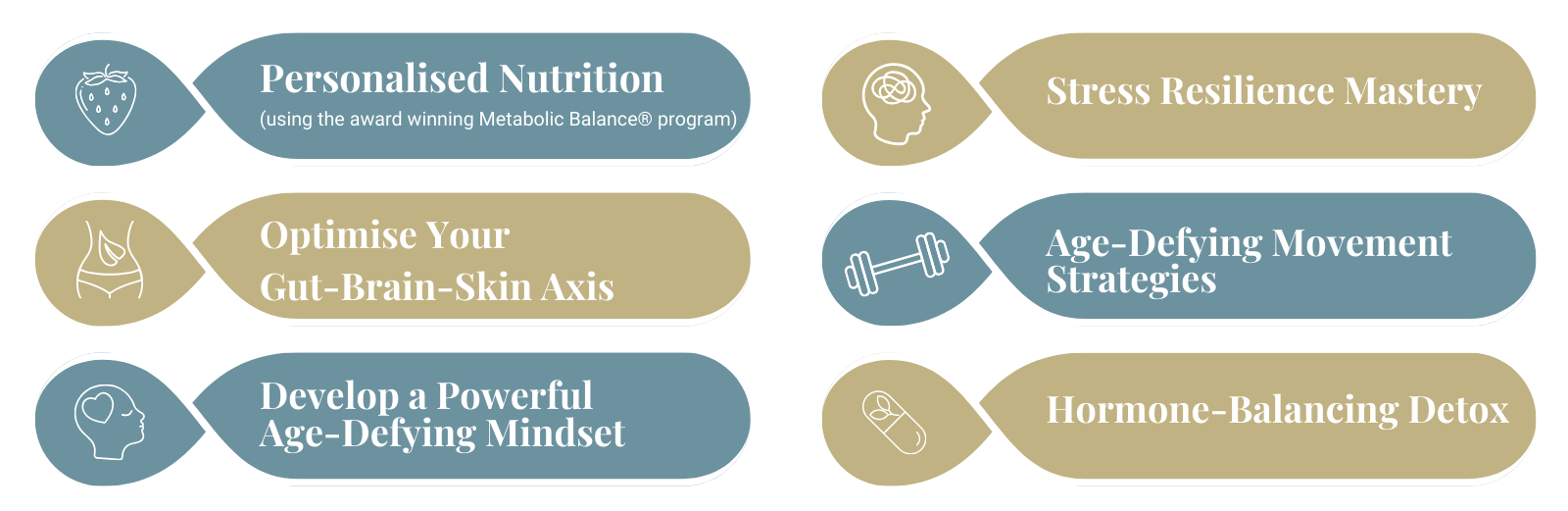The 6 pillars of The Glow Protocol: personalised nutrition using Metabolic Balance, stress resilience mastery, optimising your gut-brain-skin axis, age-defying movement strategies, developing a powerful age-defying mindset and hormone-balancing detox